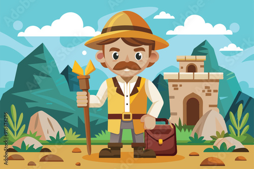 An archaeologist stands confidently with a staff and briefcase, surrounded by lush greenery and ancient ruins under a clear blue sky