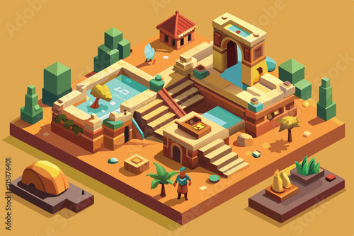A vibrant isometric illustration showcases an ancient archaeological site featuring temples, pools, and palm trees amidst a desert landscape