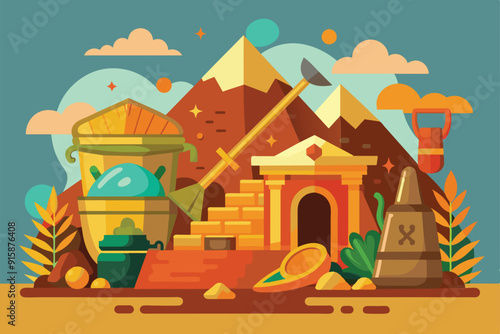 Excavation tools and artifacts are arranged against a backdrop of mountains and vegetation, representing archaeological discoveries from ancient civilizations