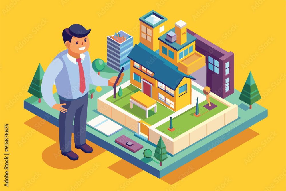 An architect creatively designs a modern building with detailed surroundings in a colorful and engaging setting An architect creatively designs a modern building with detailed surroundings in a colorful and engaging setting