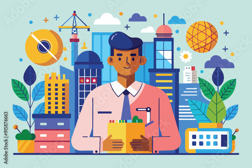 An architect proudly holds blueprints in front of a vibrant city filled with skyscrapers, plants, and construction cranes under a clear sky