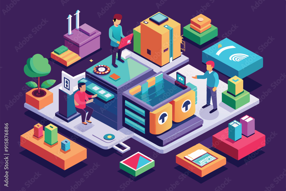 Workers interact with packages and an inventory system in a vibrant warehouse setting, showcasing organizational tasks and logistics activities Workers interact with packages and an inventory system in a vibrant warehouse setting, showcasing organizational tasks and logistics activities