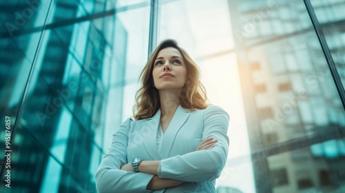 A business woman at the window of a high-rise building, arms crossed, looks into the distance, illuminated by bright daylight.