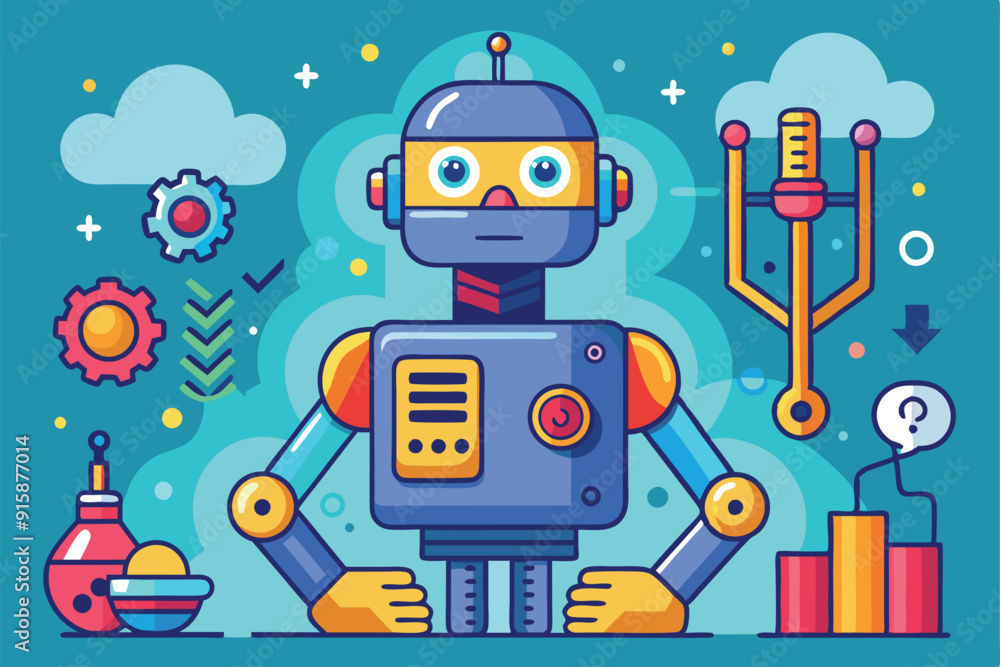 Obraz premium A vibrant cartoon robot stands in a creative workshop filled with gears, bar graphs, and whimsical elements, showcasing personalization and technology