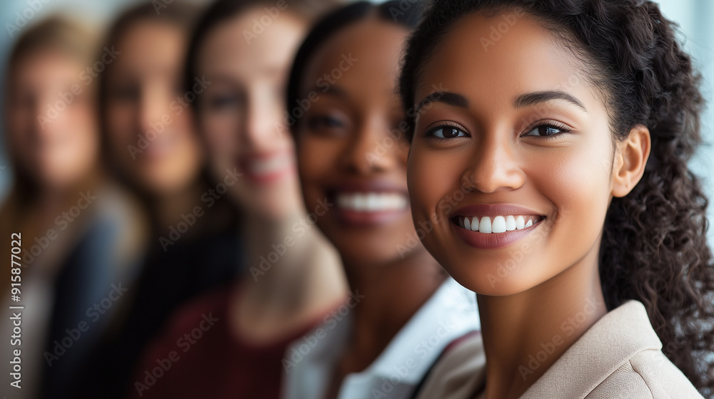 Close-up of a diverse group of professionals smiling in a line, focus on a woman --ar 16:9 --v 6.1 Close-up of a diverse group of professionals smiling in a line, focus on a woman --ar 16:9 --v 6.1