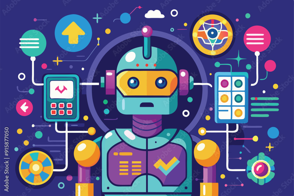 Fototapeta premium A colorful robot stands amidst various data tools and icons, showcasing the concept of customizable artificial intelligence in a modern digital space