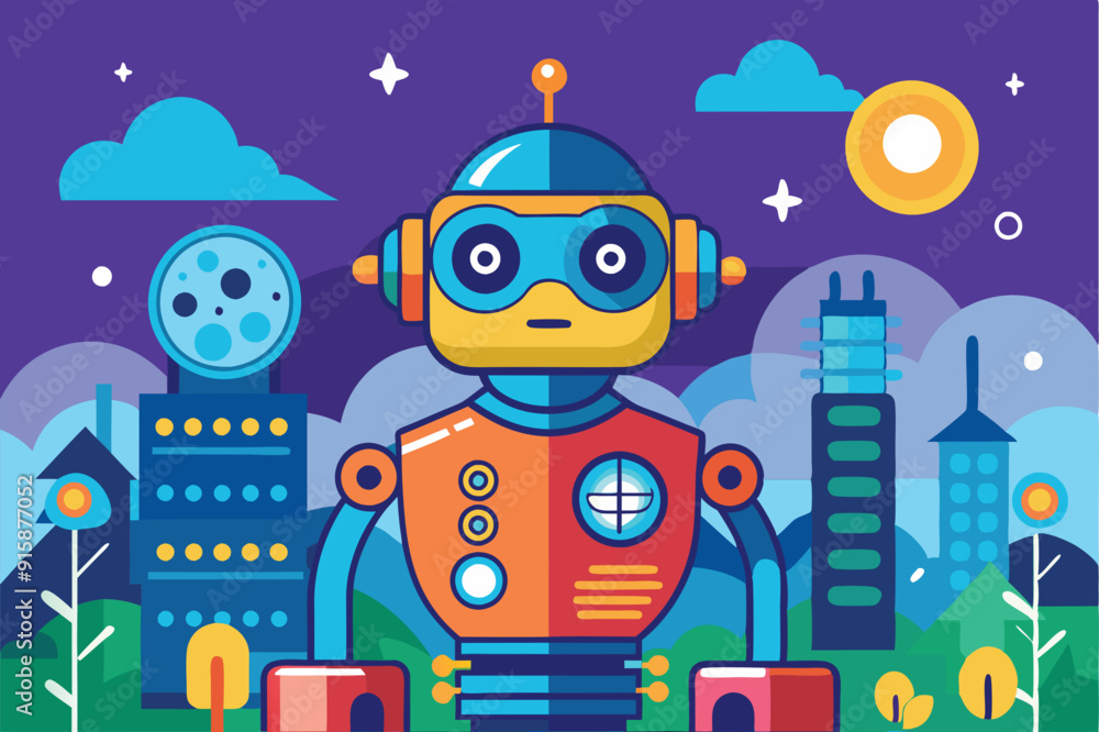 Fototapeta premium A cheerful cartoon robot is positioned in a vibrant landscape filled with trees, modern buildings, and a clear blue sky, radiating a sense of whimsy and technology