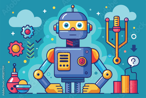 A vibrant cartoon robot stands in a creative workshop filled with gears, bar graphs, and whimsical elements, showcasing personalization and technology