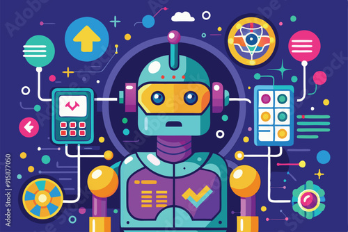 A colorful robot stands amidst various data tools and icons, showcasing the concept of customizable artificial intelligence in a modern digital space