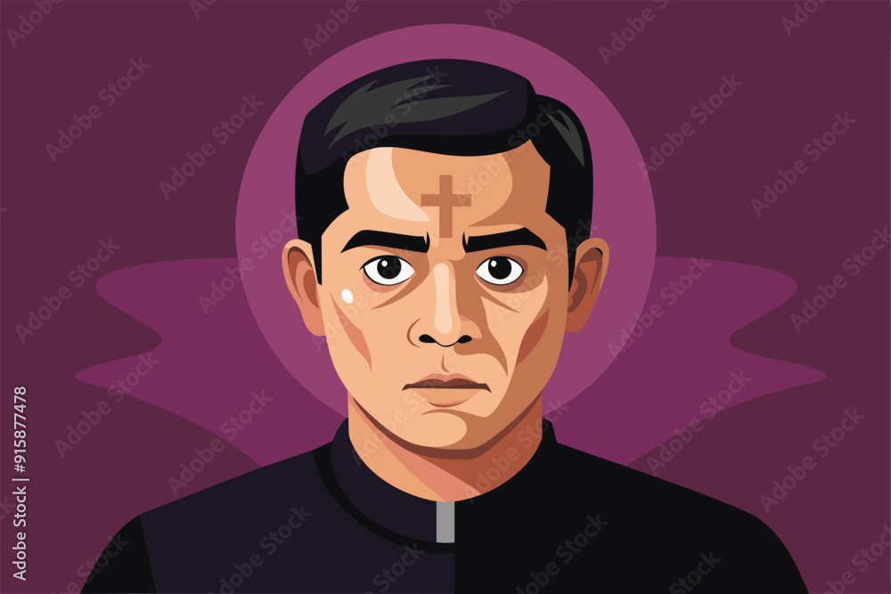 An artistic illustration showcasing a figure during Ash Wednesday, featuring unique disproportionate design elements and a striking color background An artistic illustration showcasing a figure during Ash Wednesday, featuring unique disproportionate design elements and a striking color background
