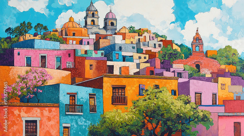 Colorful mediterranean village nestled in hills with a church tower, vibrant houses, lush greenery, and a winding road.