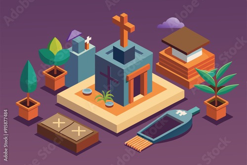 A detailed isometric illustration depicting a serene Ash Wednesday setting featuring crosses, plants, and ceremonial elements in a spiritual atmosphere
