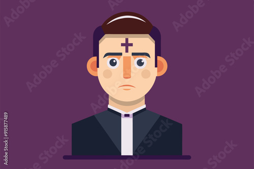 A clergy member displays an ash cross on their forehead, marking the observance of Ash Wednesday in a customizable flat illustration
