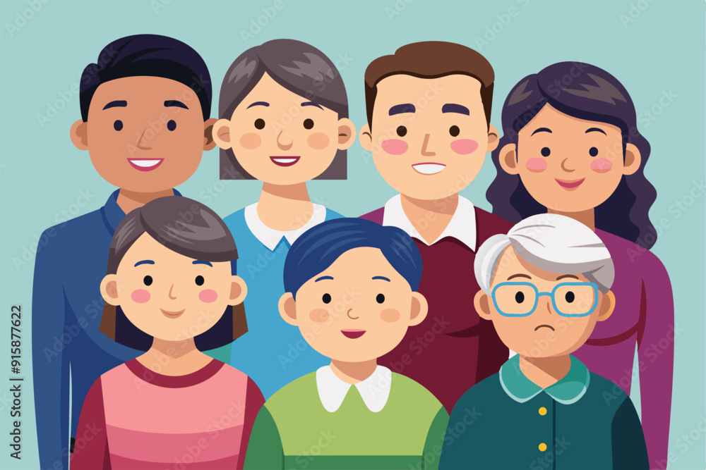A joyful Asian family stands together with smiles, showcasing a blend of generations in a creative and colorful illustration A joyful Asian family stands together with smiles, showcasing a blend of generations in a creative and colorful illustration