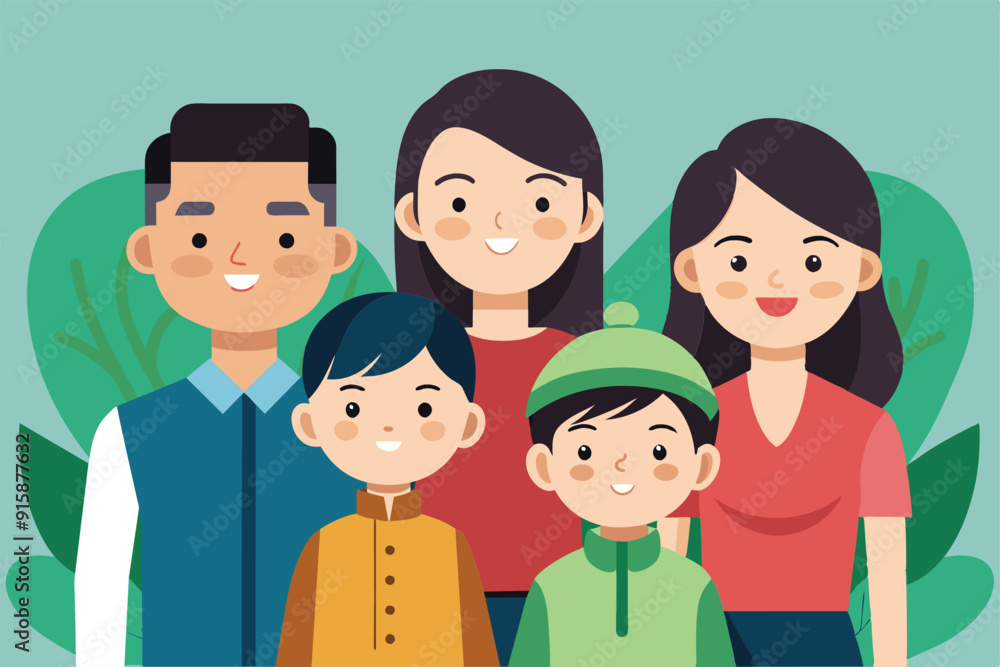 A cheerful Asian family poses together in a vibrant setting, showcasing their warmth and connection with each other in nature A cheerful Asian family poses together in a vibrant setting, showcasing their warmth and connection with each other in nature