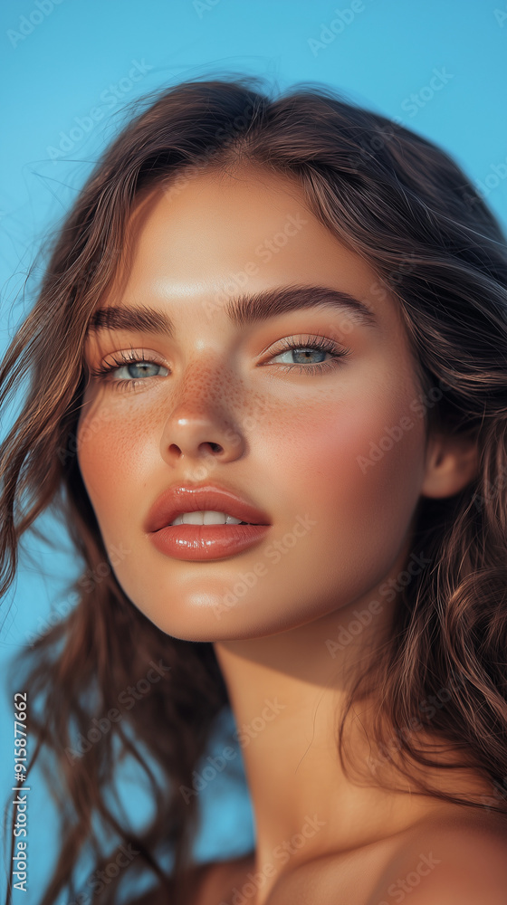 Beautiful Greek Model With Sun-Kissed Skin Poses Against a Clear Blue Sky During Golden Hour Beautiful Greek Model With Sun-Kissed Skin Poses Against a Clear Blue Sky During Golden Hour