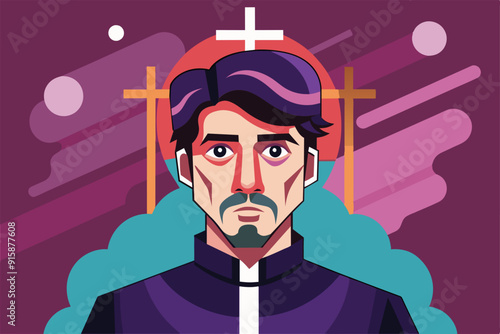 A special illustration features a clergy member representing Ash Wednesday, surrounded by symbolic crosses against a colorful background