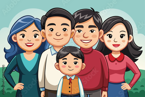 A cheerful Asian family stands together in a sunny park, all smiles, dressed in colorful outfits, enjoying their time in a warm atmosphere