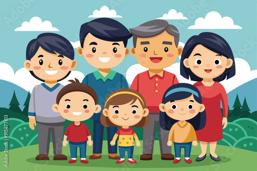A cheerful Asian family stands together outdoors, enjoying a sunny day surrounded by greenery and mountains, sharing smiles and laughter