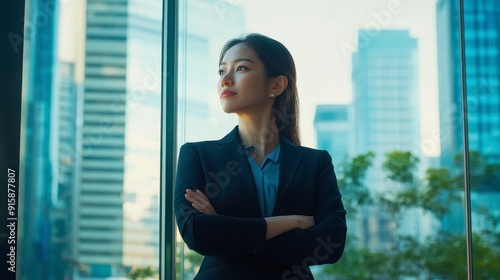 A business woman at the window of a high-rise building, arms crossed, looks into the distance, illuminated by bright daylight. Free Download A business woman at the window of a high-rise building, arms crossed, looks into the distance, illuminated by bright daylight. - GFXLoad