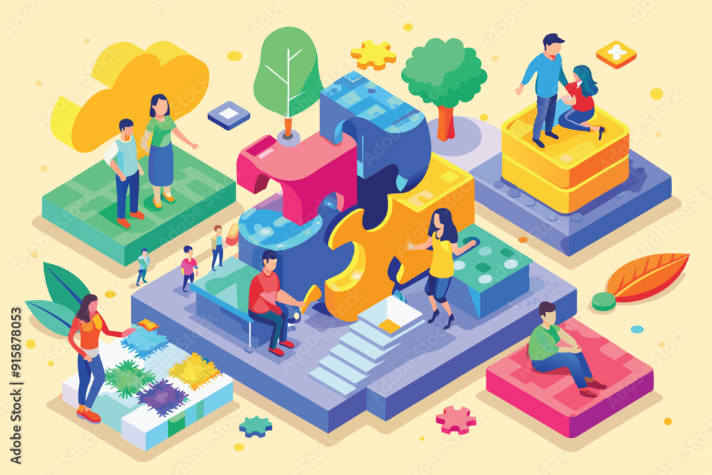 A vibrant isometric illustration showcases various activities promoting Asperger's Awareness Day with diverse individuals engaged in meaningful interactions A vibrant isometric illustration showcases various activities promoting Asperger's Awareness Day with diverse individuals engaged in meaningful interactions