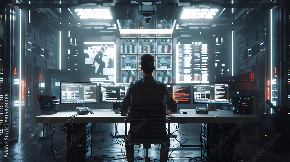 A male IT worker sits at his desk in front of computer monitors and looking computer screen, seen from behind and looking over the of an AI system that processes data on monitor displaying code
A male IT worker sits at his desk in front of computer monitors and looking computer screen, seen from behind and looking over the of an AI system that processes data on monitor displaying code