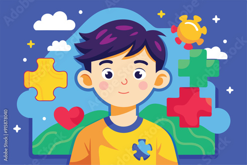 A cheerful cartoon character stands surrounded by colorful puzzle pieces and nature, promoting awareness for Asperger's and embracing neurodiversity