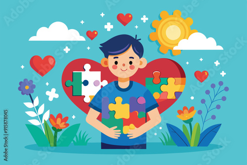 A cheerful boy with a puzzle piece shirt embraces a colorful heart, symbolizing Asperger's awareness amid flowers and sunny skies