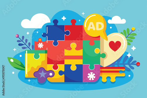 A vibrant illustration featuring colorful puzzle pieces and a heart, promoting awareness and understanding of Asperger’s Spectrum and its significance