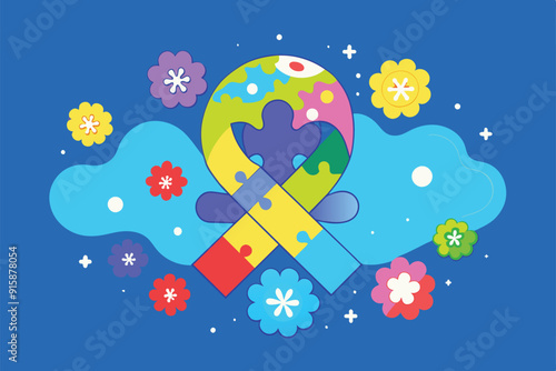 A colorful ribbon symbolizing Asperger's Awareness Day is surrounded by cheerful flowers against a bright blue background