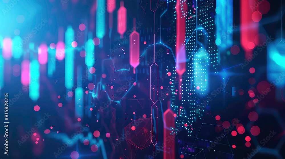 Abstract background with digital grid, blue and red glowing lines, and bokeh effect. Abstract background with digital grid, blue and red glowing lines, and bokeh effect.