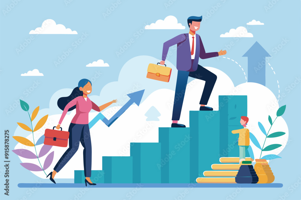 A woman supports a man on his career journey, symbolized by steps representing growth and success, with a child observing and learning A woman supports a man on his career journey, symbolized by steps representing growth and success, with a child observing and learning