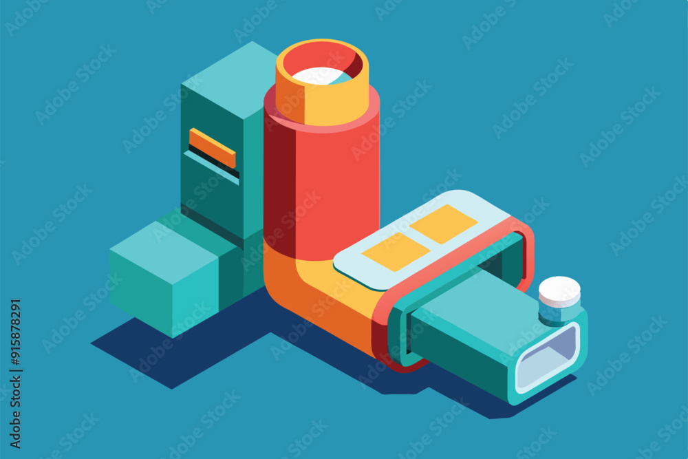 A vibrant isometric illustration showcases a colorful asthma inhaler, emphasizing its design and functionality, perfect for educational or informative purposes A vibrant isometric illustration showcases a colorful asthma inhaler, emphasizing its design and functionality, perfect for educational or informative purposes