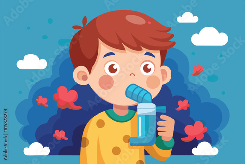 A young boy in a polka dot shirt uses an inhaler while surrounded by a blue sky and colorful leaves, depicting a breezy outdoor atmosphere
