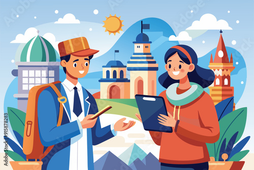 Consultants share travel tips with visitors while surrounded by beautiful historical sites on a bright sunny day