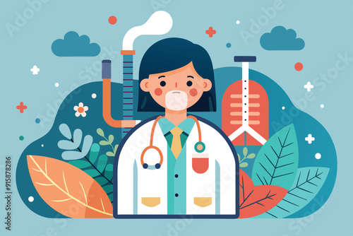 A pediatric doctor explains asthma management while surrounded by nature, using colorful illustrations of lungs, inhalers, and plants in the background