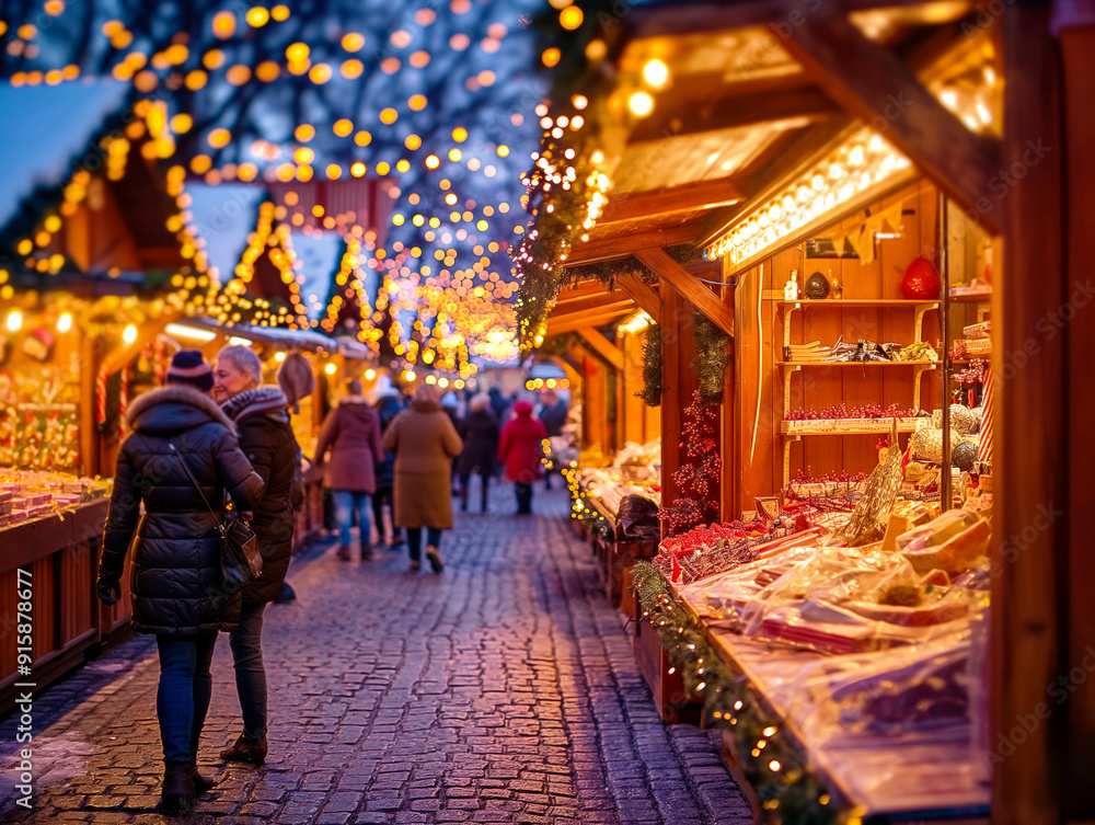 A busy street with people walking and shopping. The atmosphere is festive and lively, with many people browsing the shops and enjoying the holiday season