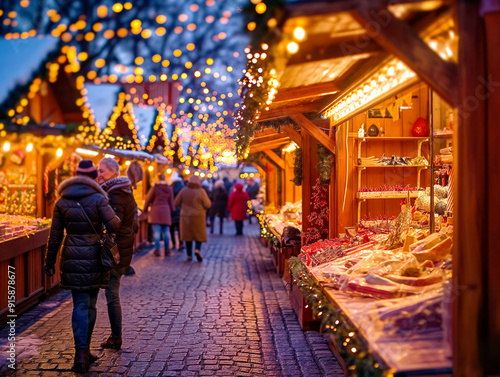Obraz na płótnie A busy street with people walking and shopping. The atmosphere is festive and lively, with many people browsing the shops and enjoying the holiday season w salonie