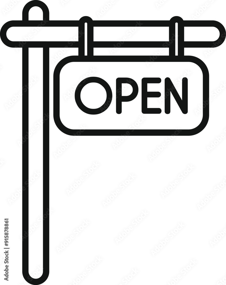 Simple, bold icon of a sign hanging on a wooden plank, indicating that a business is open Simple, bold icon of a sign hanging on a wooden plank, indicating that a business is open