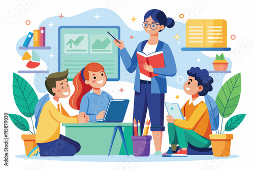 A teacher guides students in a study session, using a book and pointing at a laptop while others engage with their materials