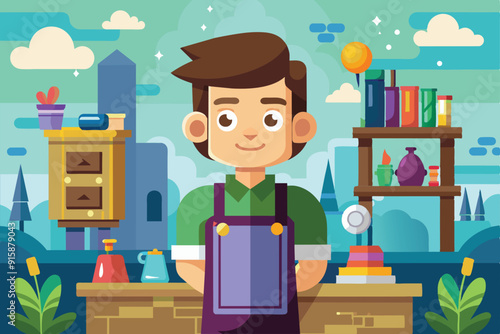 A cheerful young artisan stands in a vibrant atelier surrounded by plants, shelves, and colorful objects, inviting guests to explore creativity