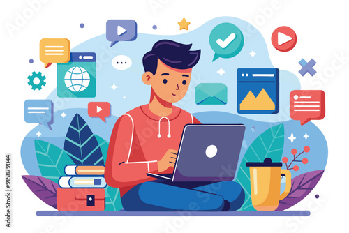 A teenager uses a laptop to interact with social media, surrounded by colorful digital icons and school supplies in a cozy indoor setting
