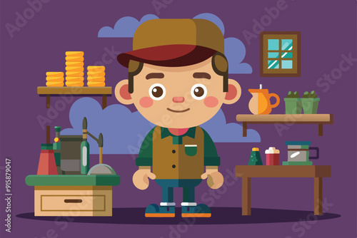 A cheerful young boy stands in a cozy atelier surrounded by colorful supplies and tools, ready to create something special