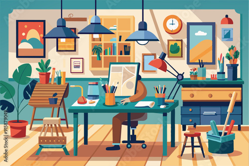 An artist is focused on creating art in a vibrant atelier filled with plants, colorful tools, and warm lighting, enhancing creativity and inspiration