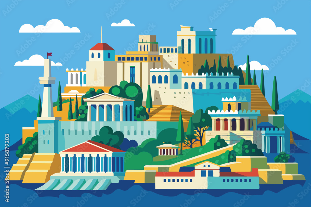 Obraz premium Explore a vibrant depiction of Athens with its iconic structures, lush greenery, and blue skies, showcasing the city's rich history and culture
