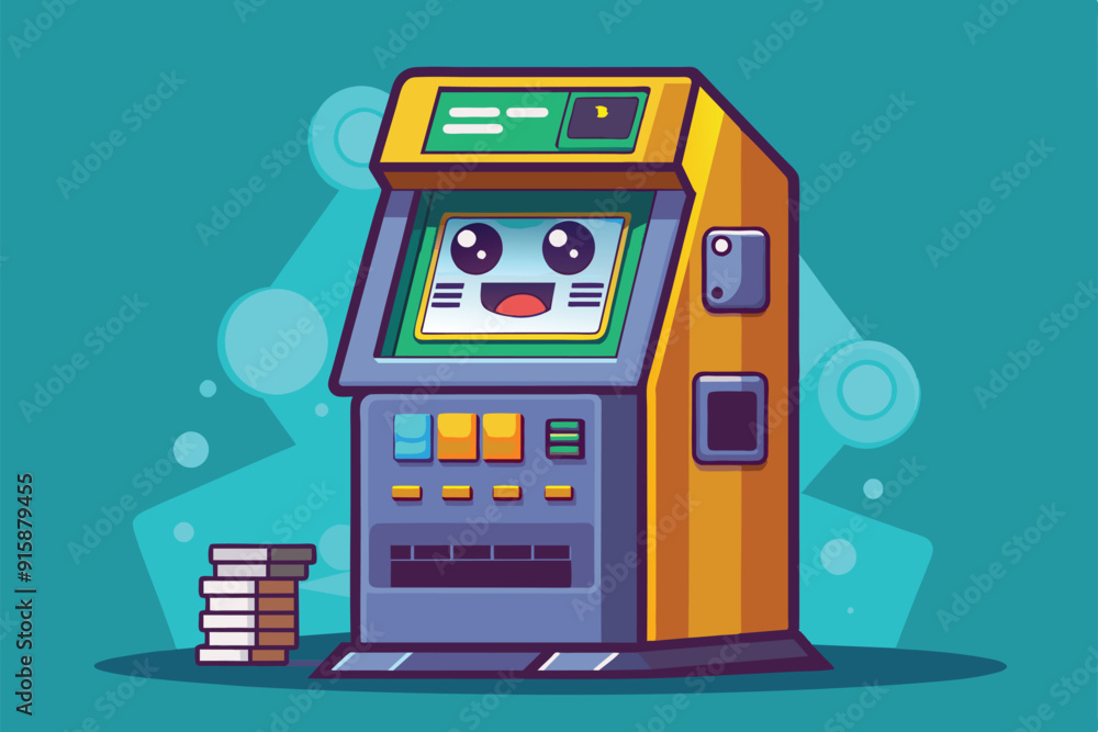 Obraz premium A cartoon ATM machine features a cheerful face and colorful buttons, alongside neatly piled coins, set against a vibrant blue background