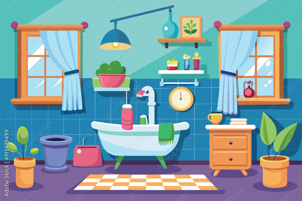 A vibrant cartoon bathroom designed with plants, a bathtub, and cozy accents, filled with natural light and a welcoming atmosphere A vibrant cartoon bathroom designed with plants, a bathtub, and cozy accents, filled with natural light and a welcoming atmosphere