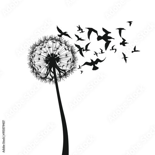 Silhouette of a dandelion with seeds transforming into birds as they disperse into the sky.

