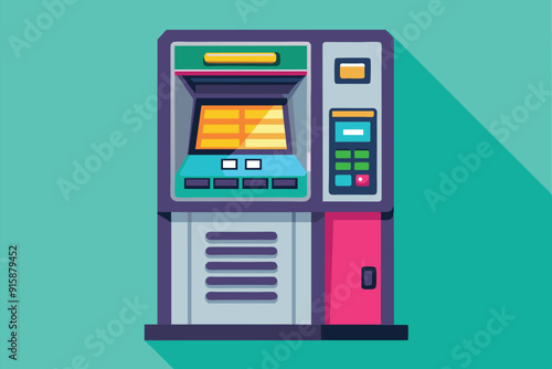 A flat illustration of a customizable ATM machine designed with vibrant colors for use in various banking or financial settings
