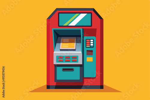 A colorful ATM machine illustration showcasing a user-friendly design on a vibrant yellow backdrop, highlighting detail and creativity